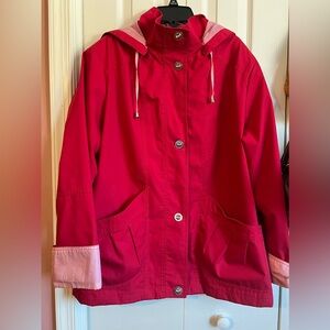 Mackintosh Jacket Womens XL Red Detachable Hood Lined Spring Fall Button Up Cuff